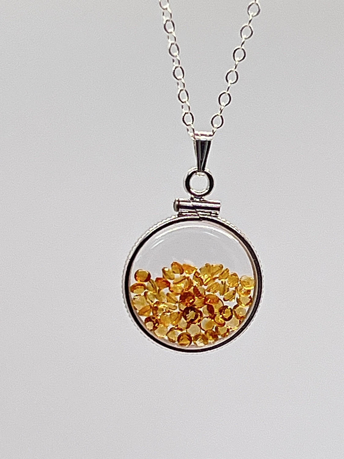Handmade dime size sterling silver citrine shaker locket lucite view locket, necklace, beautiful november birthstone. 2.0 tcw