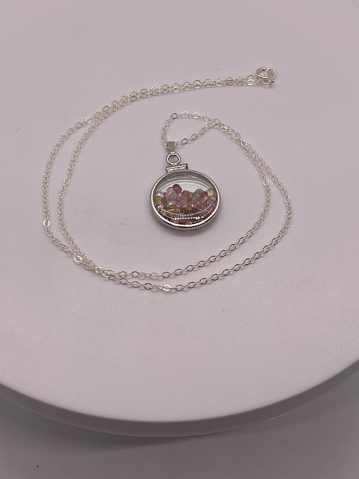 Handmade dimesize sterling silver multicolor tourmaline shaker locket lucite view locket, necklace, beautiful october birthstone. 2.0 tcw
