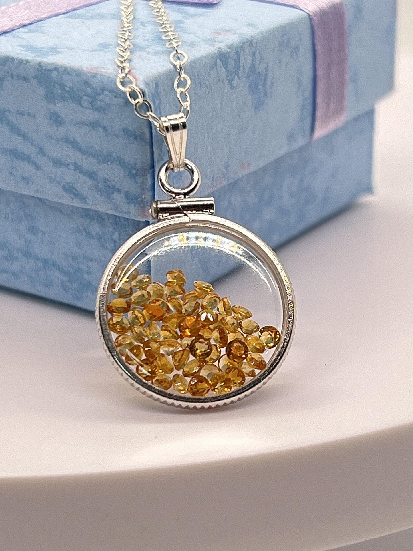 Handmade dime size sterling silver citrine shaker locket lucite view locket, necklace, beautiful november birthstone. 2.0 tcw