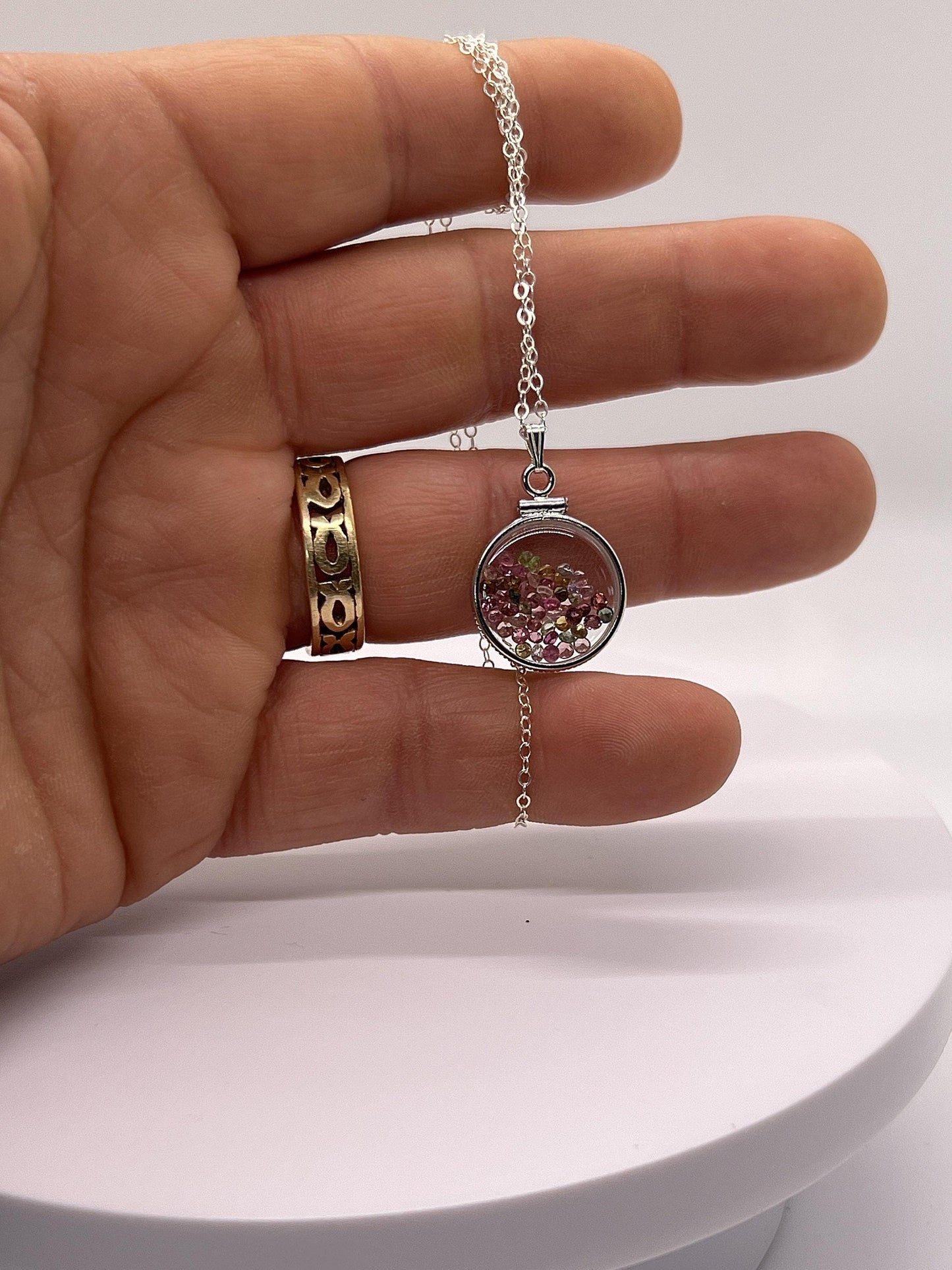 Handmade dimesize sterling silver multicolor tourmaline shaker locket lucite view locket, necklace, beautiful october birthstone. 2.0 tcw