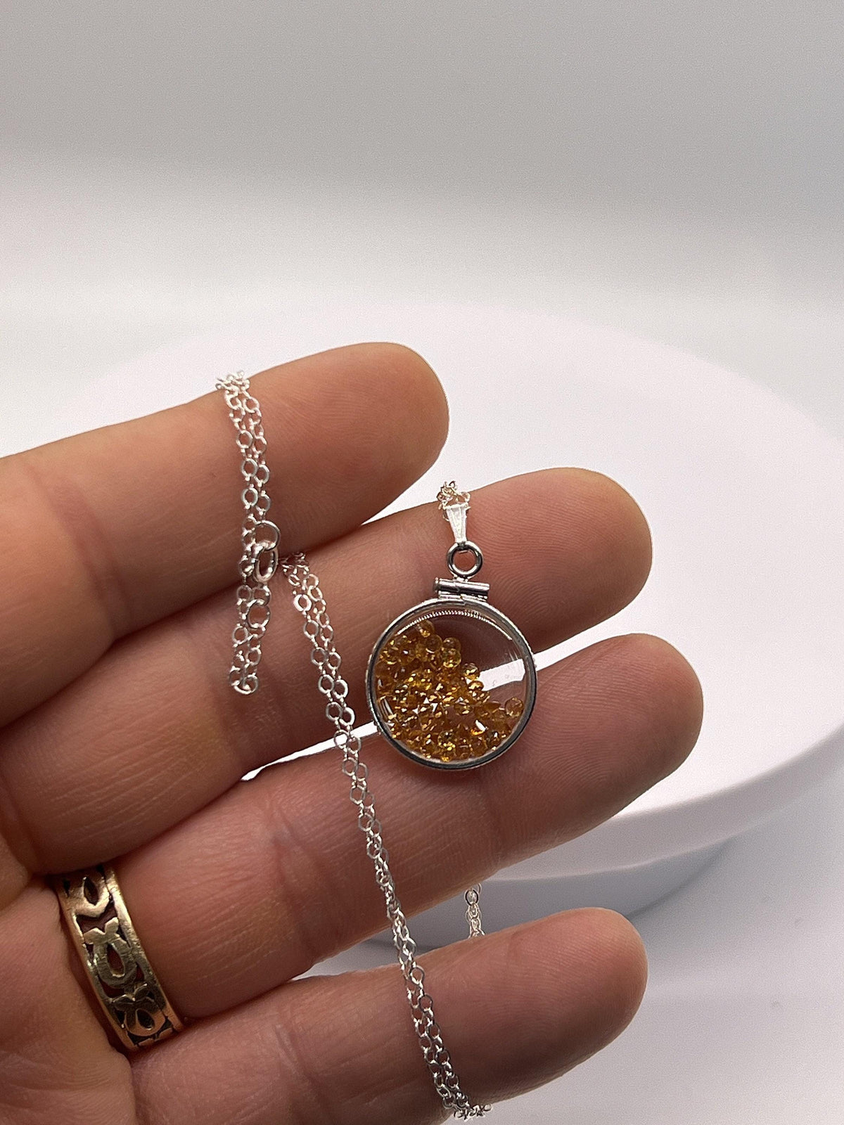 Handmade dime size sterling silver citrine shaker locket lucite view locket, necklace, beautiful november birthstone. 2.0 tcw