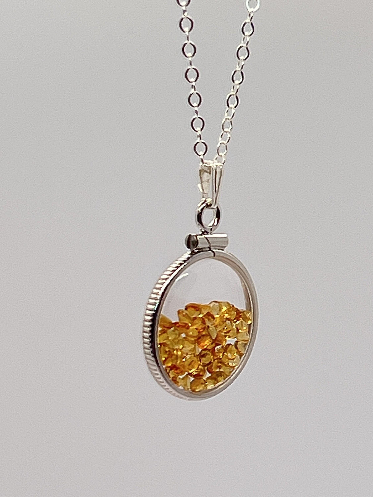 Handmade dime size sterling silver citrine shaker locket lucite view locket, necklace, beautiful november birthstone. 2.0 tcw