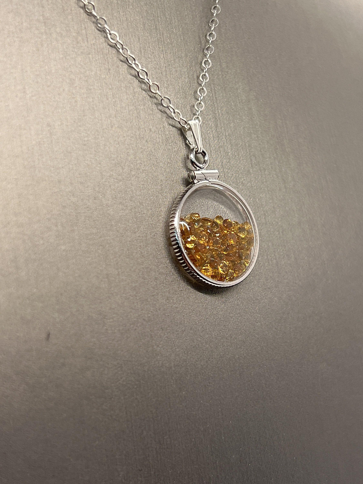 Handmade dime size sterling silver citrine shaker locket lucite view locket, necklace, beautiful november birthstone. 2.0 tcw