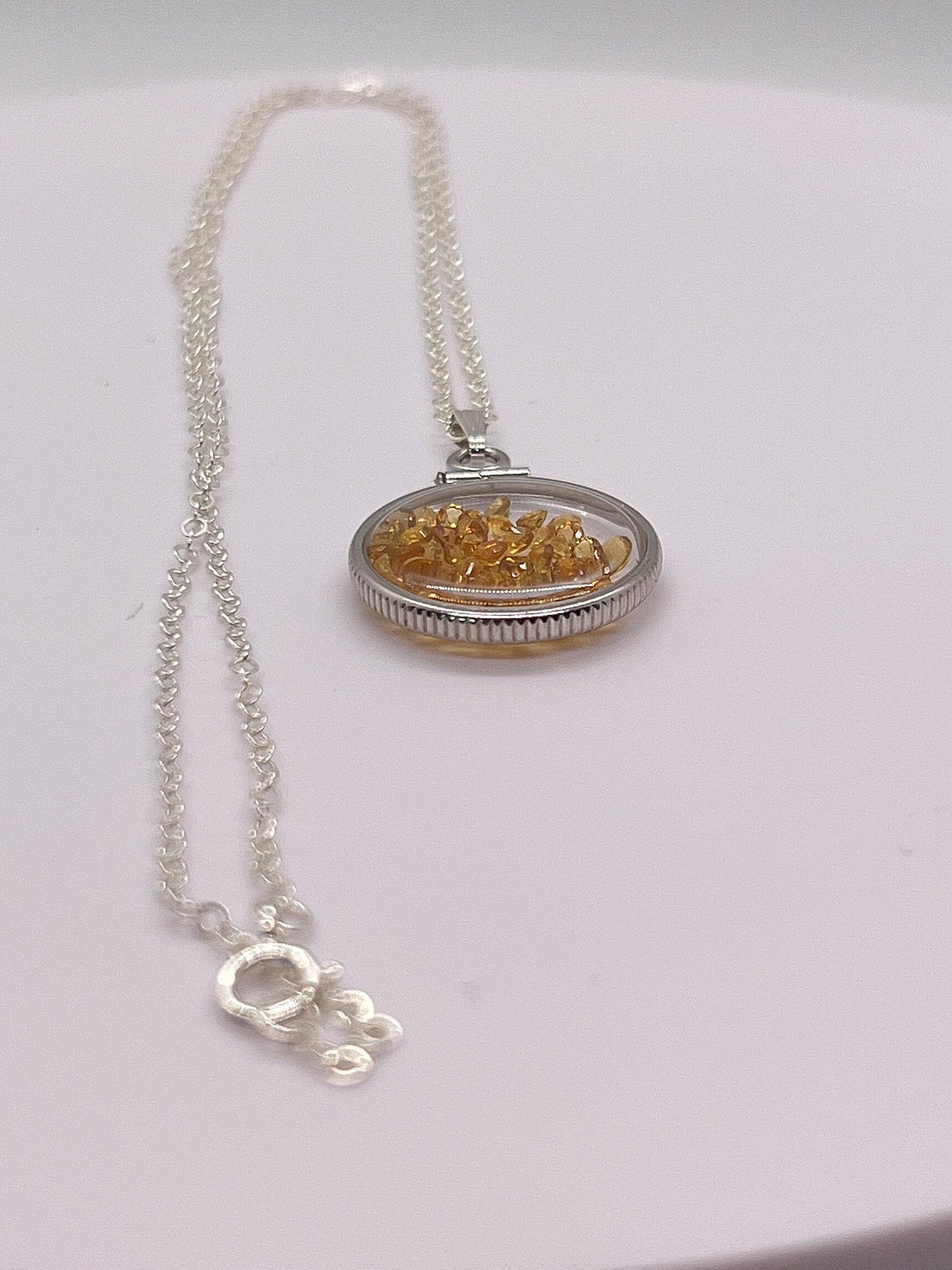 Handmade dime size sterling silver citrine shaker locket lucite view locket, necklace, beautiful november birthstone. 2.0 tcw