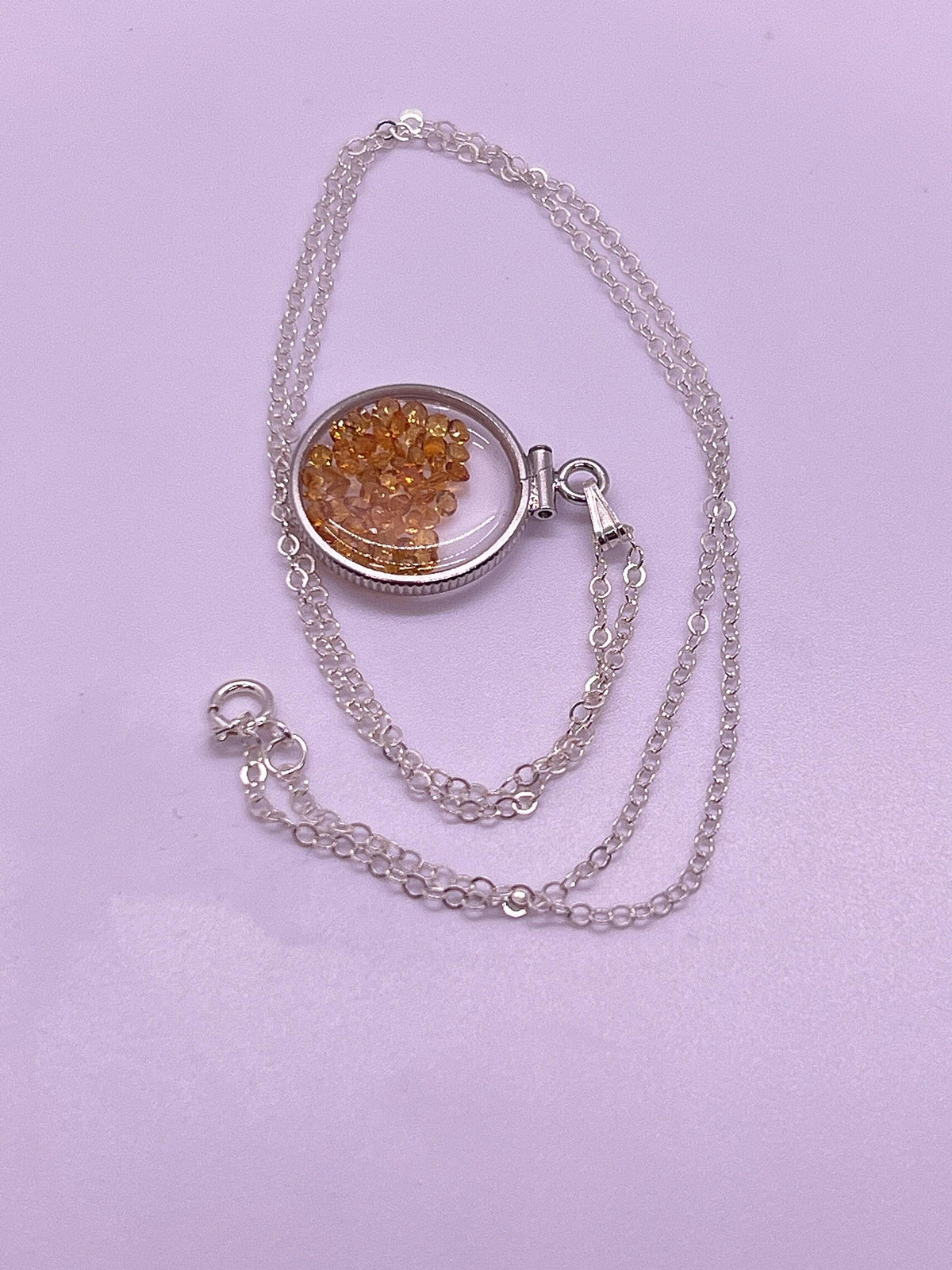 Handmade dime size sterling silver citrine shaker locket lucite view locket, necklace, beautiful november birthstone. 2.0 tcw
