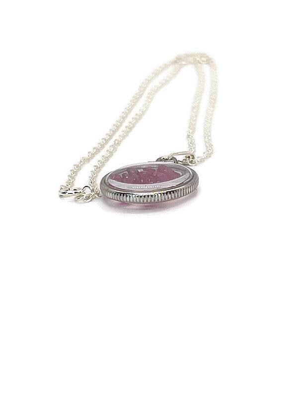 Handmade dime size  sterling silver ruby shaker locket lucite view locket, necklace, beautiful july birthstone. 2.5 tcw round cut rubies