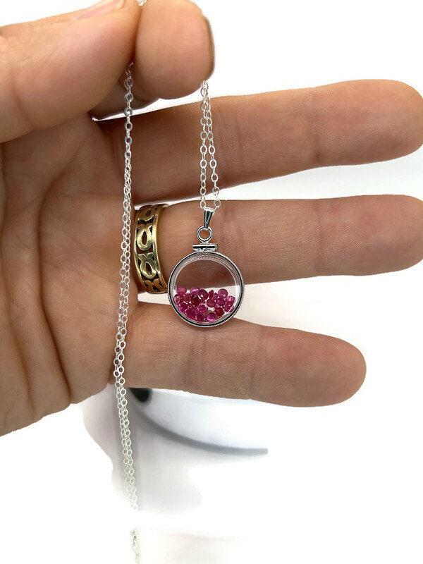 Handmade dime size  sterling silver ruby shaker locket lucite view locket, necklace, beautiful july birthstone. 2.5 tcw round cut rubies