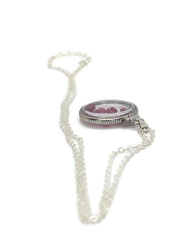 Handmade dime size  sterling silver ruby shaker locket lucite view locket, necklace, beautiful july birthstone. 2.5 tcw round cut rubies