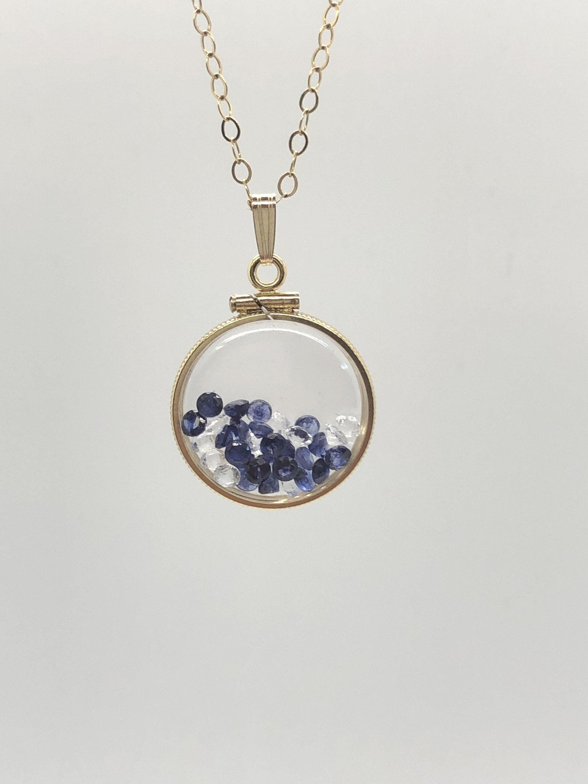 Handmade sapphire + topaz shaker locket 14k gf or silver filled w/ beautiful september birthstone. 6 ct (tcw)