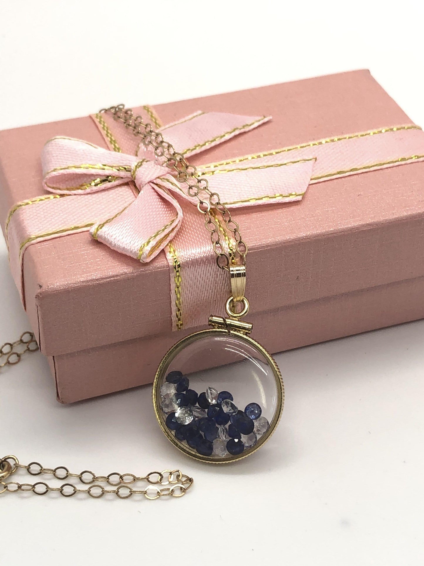Handmade sapphire + topaz shaker locket 14k gf or silver filled w/ beautiful september birthstone. 6 ct (tcw)