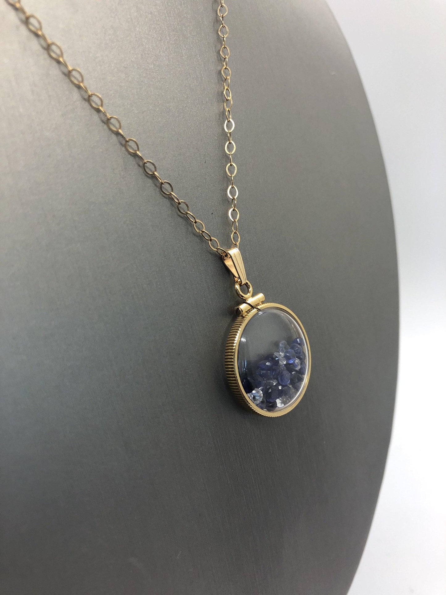 Handmade sapphire + topaz shaker locket 14k gf or silver filled w/ beautiful september birthstone. 6 ct (tcw)