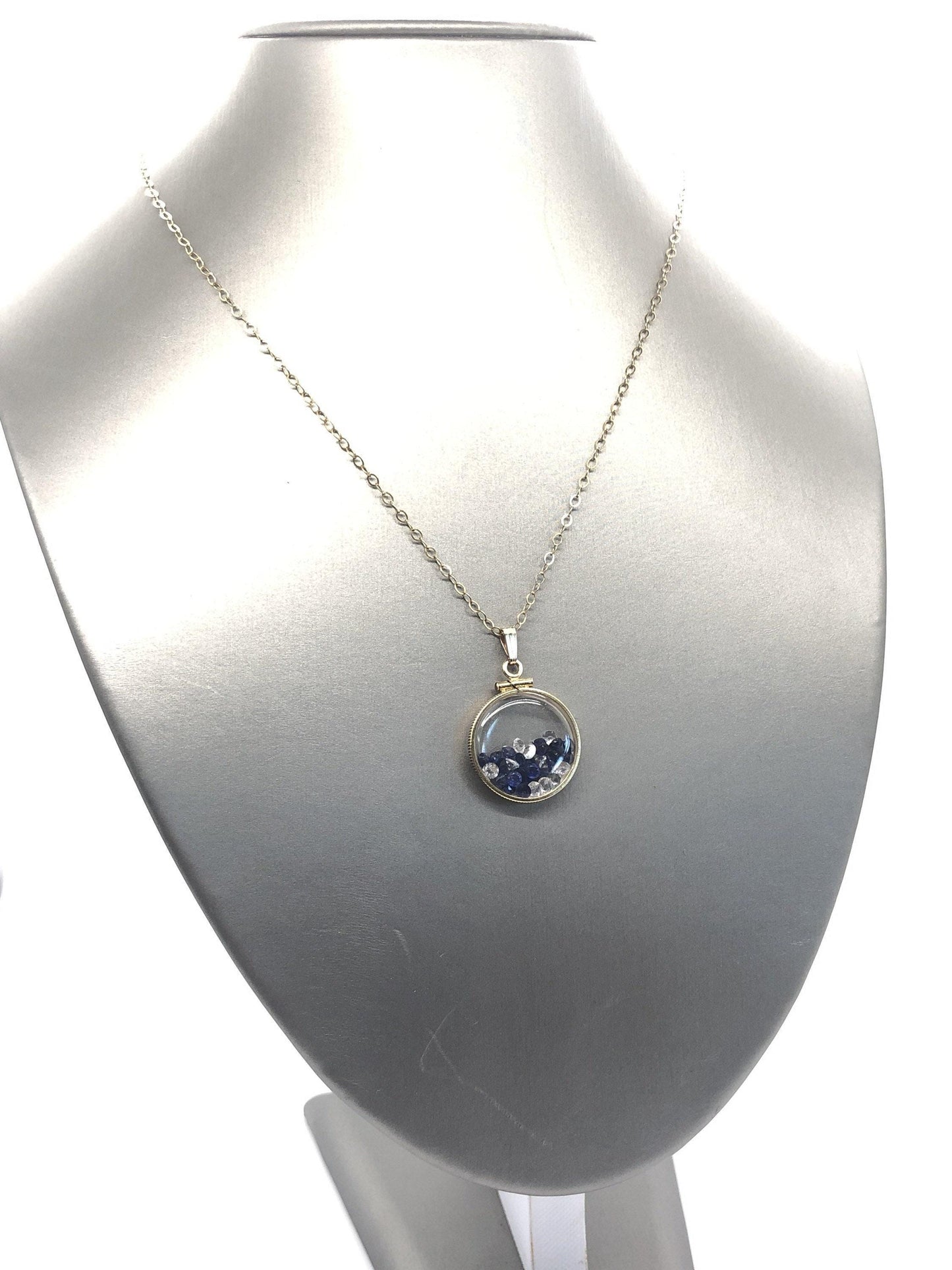 Handmade sapphire + topaz shaker locket 14k gf or silver filled w/ beautiful september birthstone. 6 ct (tcw)