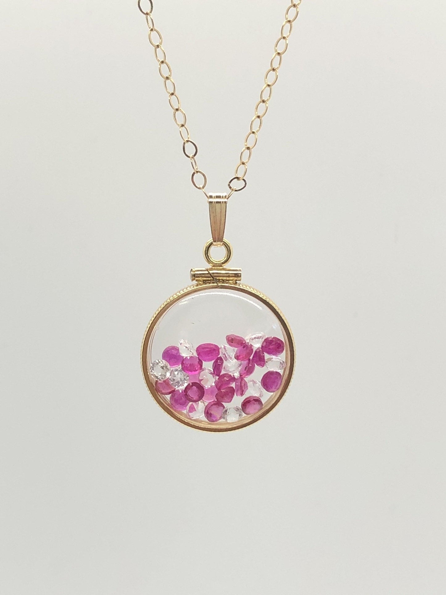 Handmade 5.6 tcw ruby + topaz shaker locket 14k gold filled/silver w/ beautiful july birthstone