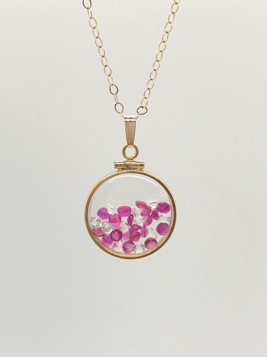 Handmade 5.6 tcw ruby + topaz shaker locket 14k gold filled/silver w/ beautiful july birthstone