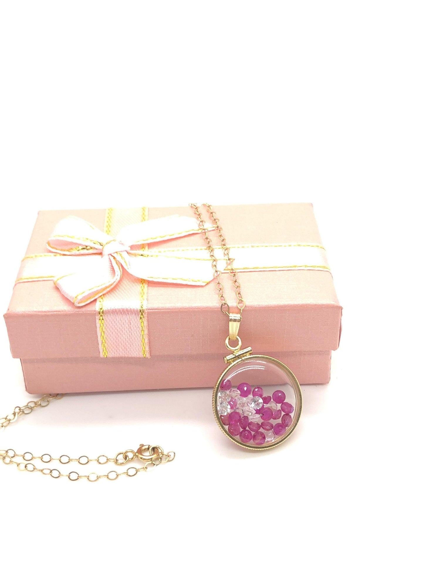 Handmade 5.6 tcw ruby + topaz shaker locket 14k gold filled/silver w/ beautiful july birthstone