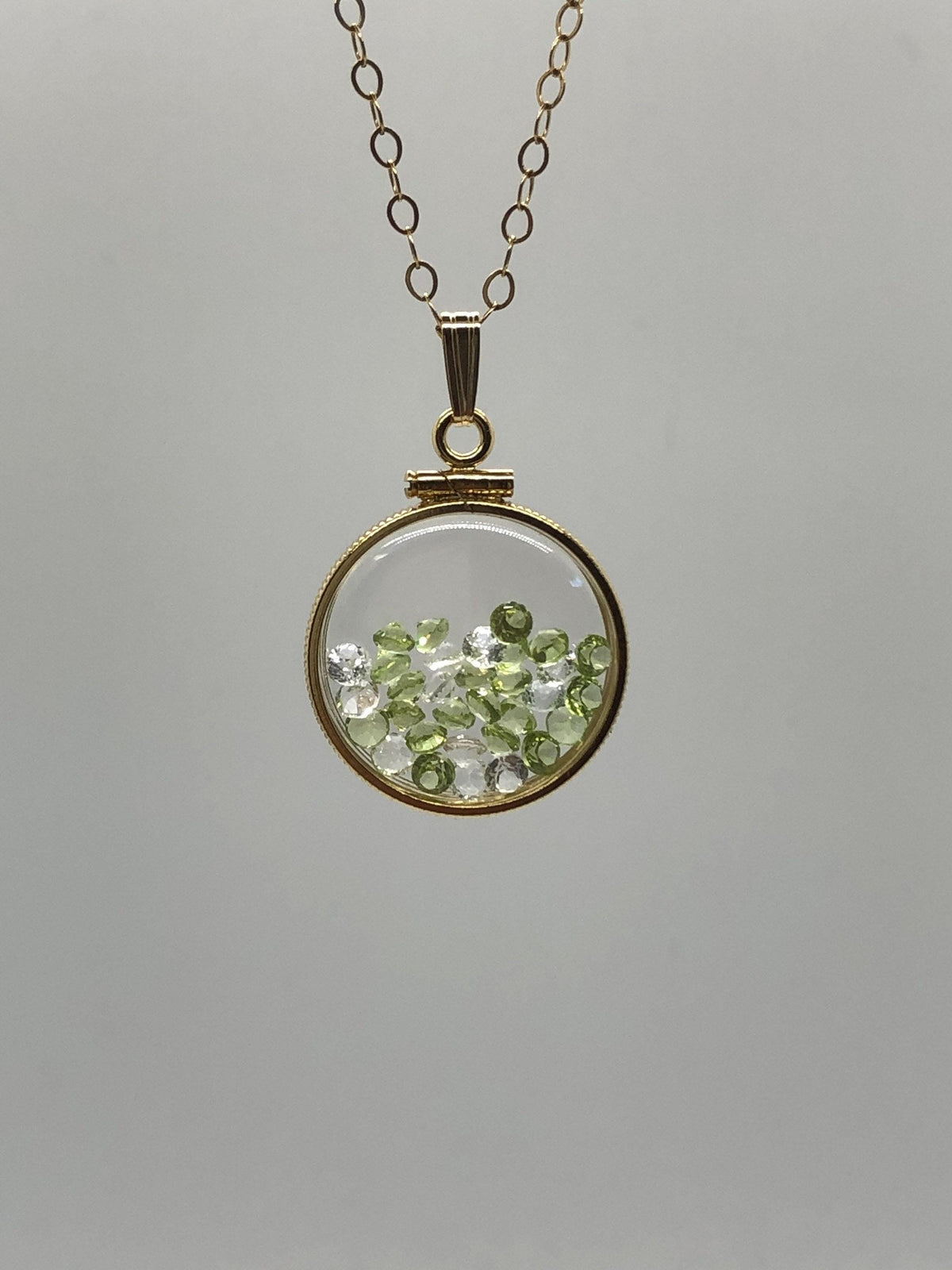 Handmade peridot and topaz shaker locket 14k gold filled or silver with beautiful august birthstone, 3.85 tcw