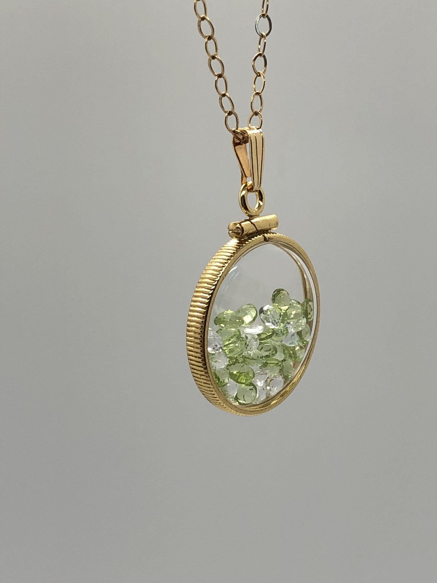 Handmade peridot and topaz shaker locket 14k gold filled or silver with beautiful august birthstone, 3.85 tcw
