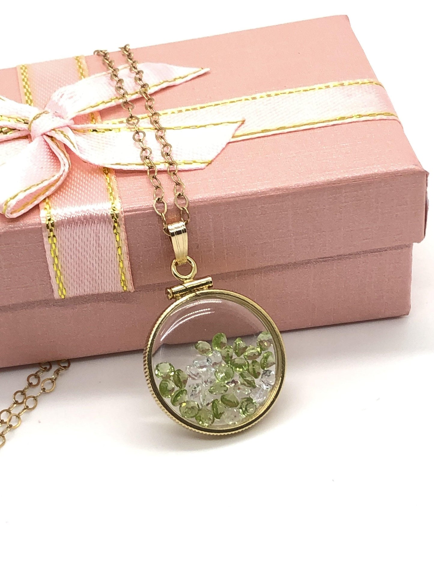 Handmade peridot and topaz shaker locket 14k gold filled or silver with beautiful august birthstone, 3.85 tcw