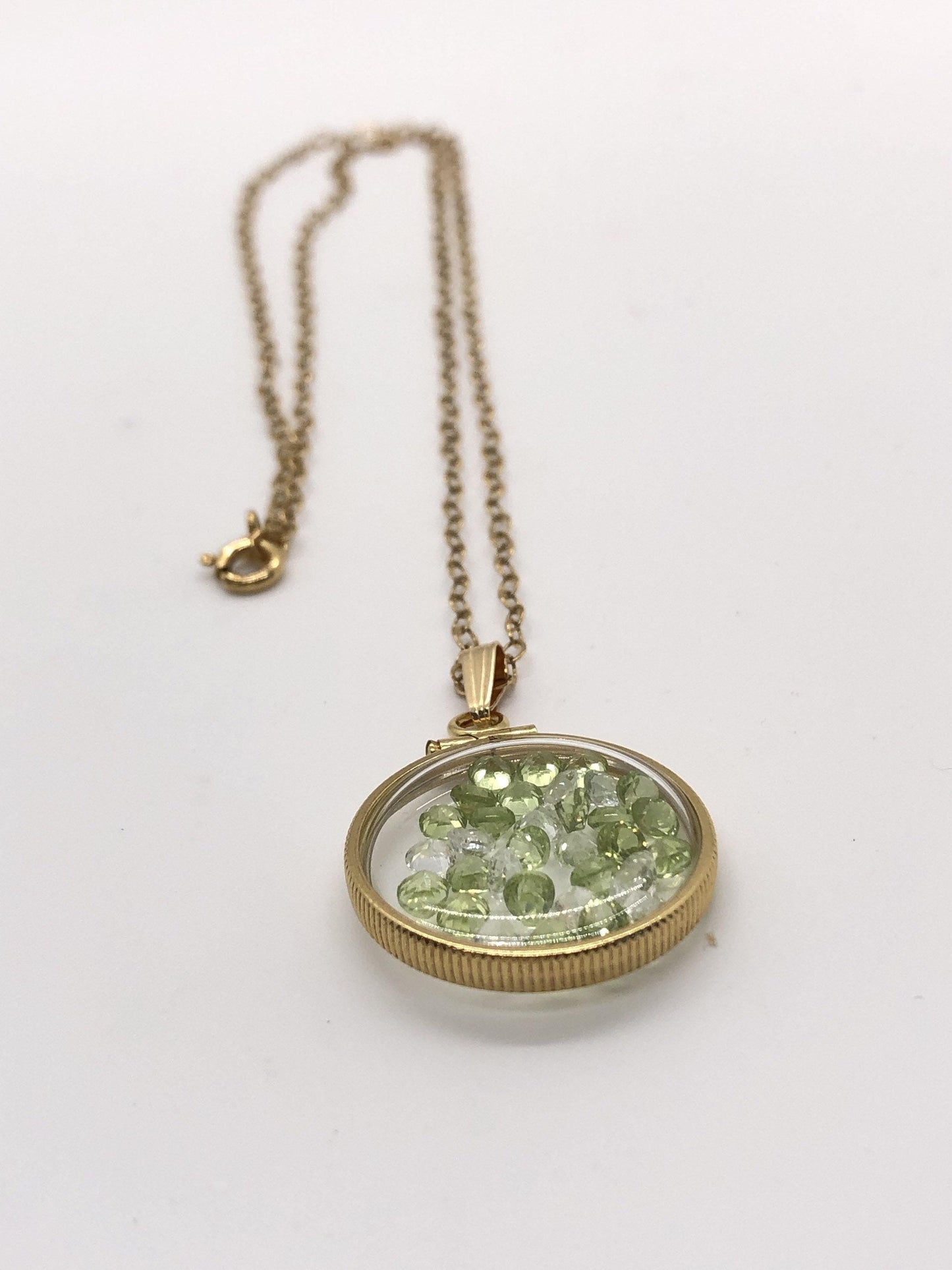 Handmade peridot and topaz shaker locket 14k gold filled or silver with beautiful august birthstone, 3.85 tcw