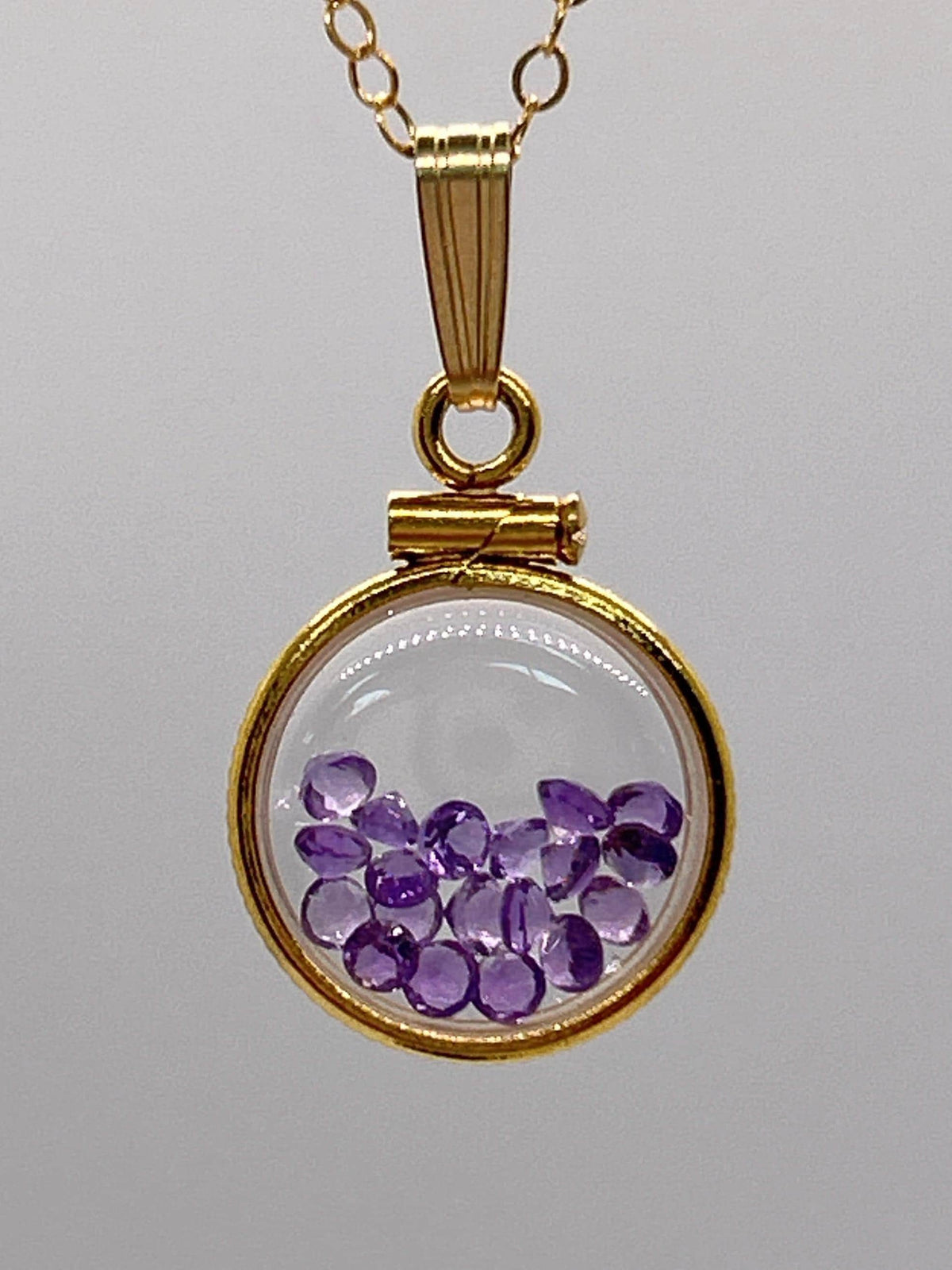 Handmade 12.5 mm 14k gold filled genuine gemstone shaker locket, 0.75 cttw. amethyst, february birthstone