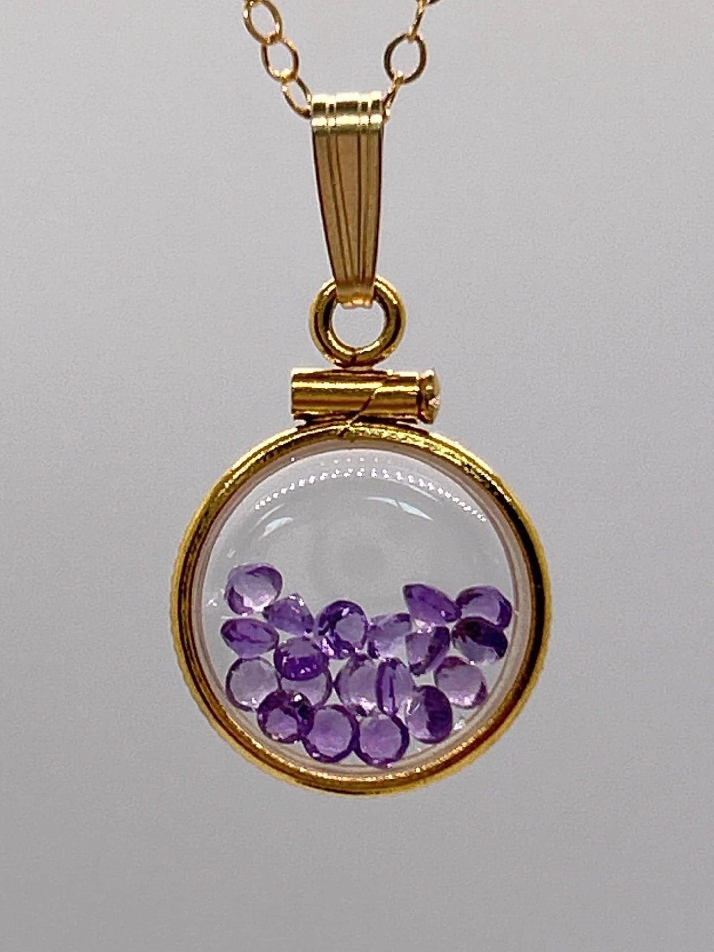 Handmade 12.5 mm 14k gold filled genuine gemstone shaker locket, 0.75 cttw. amethyst, february birthstone