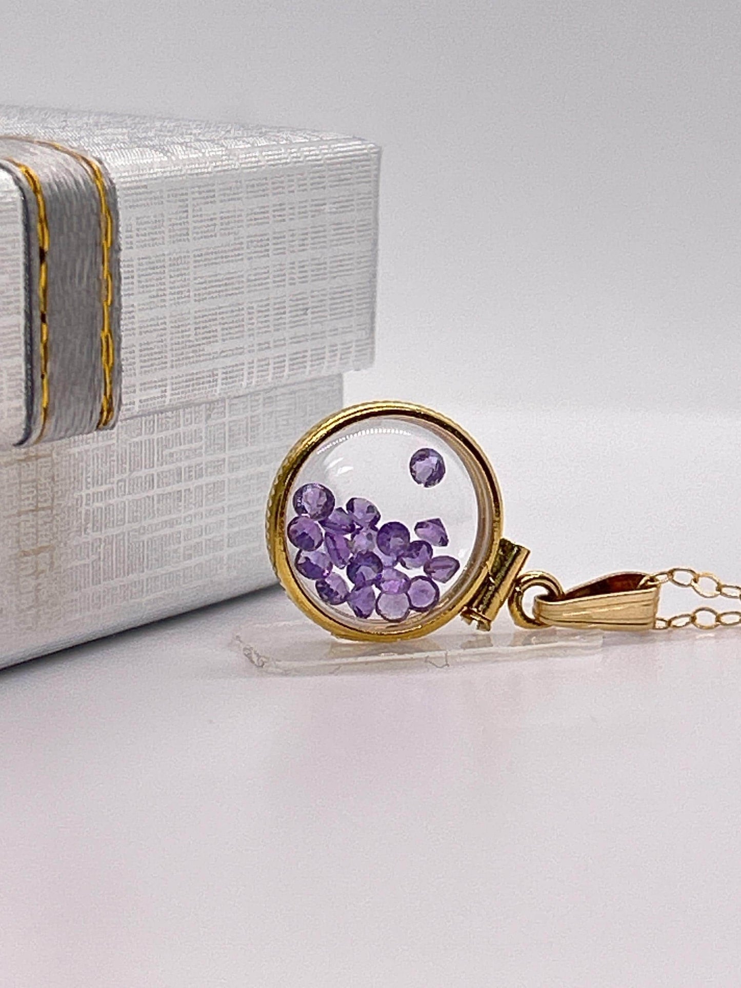 Handmade 12.5 mm 14k gold filled genuine gemstone shaker locket, 0.75 cttw. amethyst, february birthstone