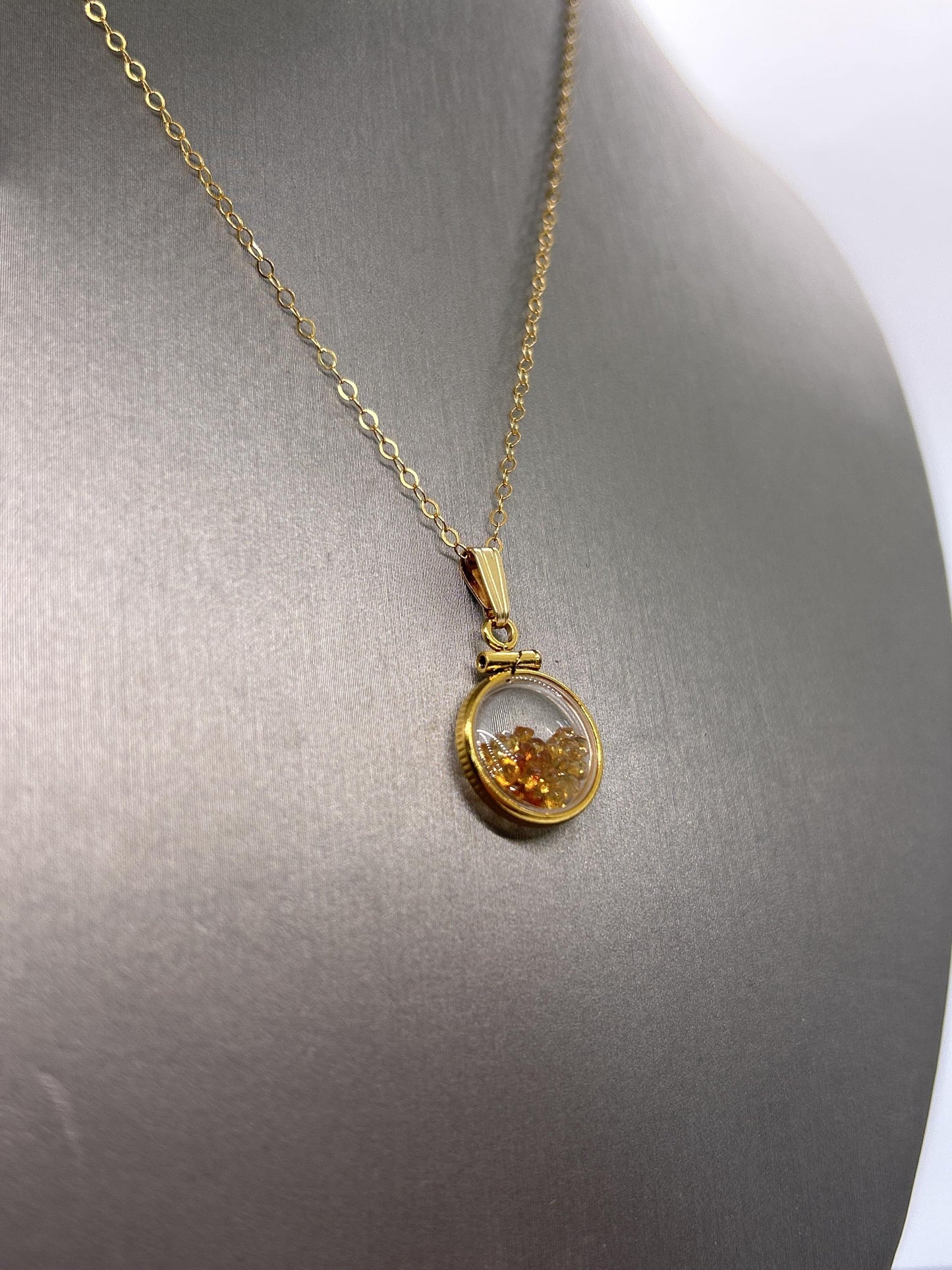 Handmade 12.5 mm 14k gold filled genuine gemstone  shaker locket, 0.75 cttw. citrine, november birthstone