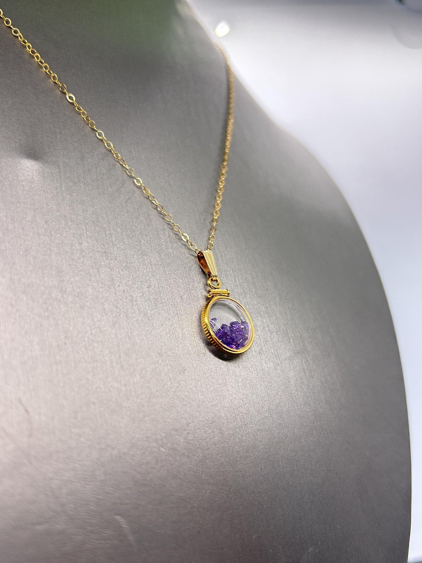 Handmade 12.5 mm 14k gold filled genuine gemstone shaker locket, 0.75 cttw. amethyst, february birthstone