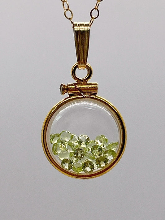 Handmade 12.5 mm 14k gold filled gemstone  shaker locket, 0.75 cttw. green peridot, birthstone august