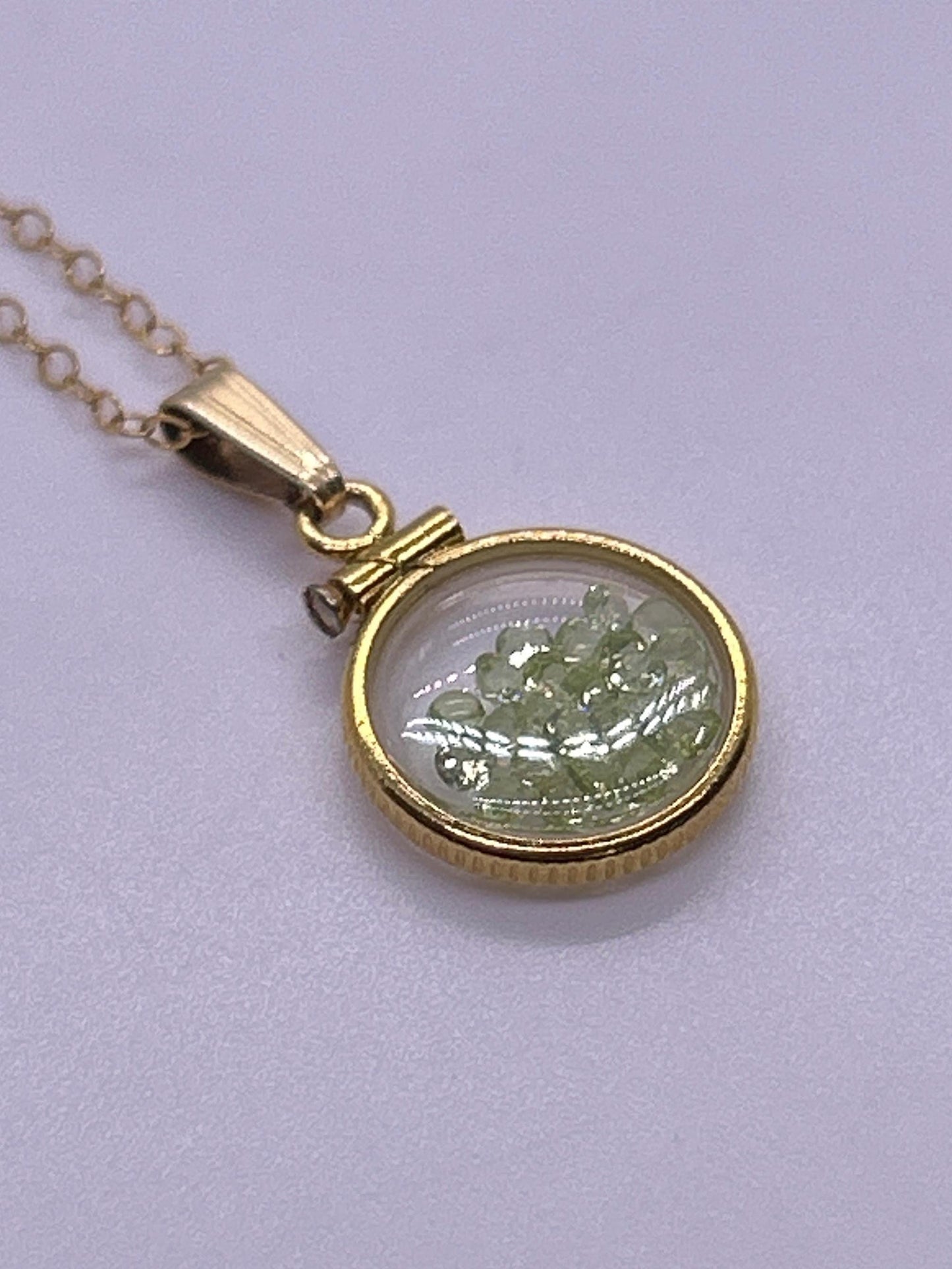 Handmade 12.5 mm 14k gold filled gemstone  shaker locket, 0.75 cttw. green peridot, birthstone august
