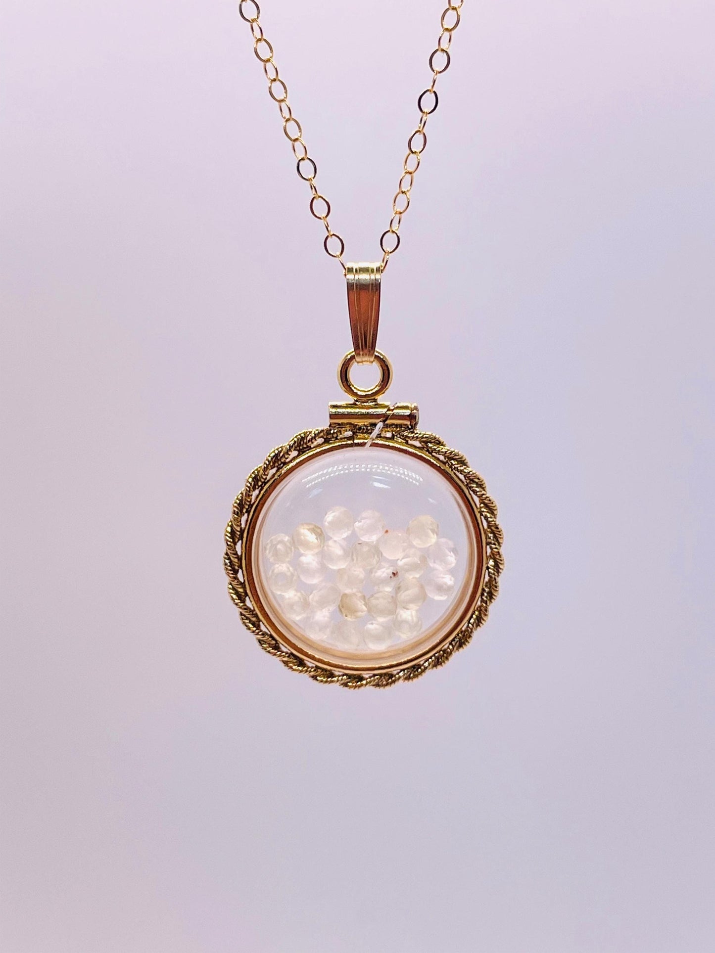 Hand made 21 mm nickel size 14k gold filled lucite genuine citrine shaker locket with rope edge and  beautiful bead crystals.