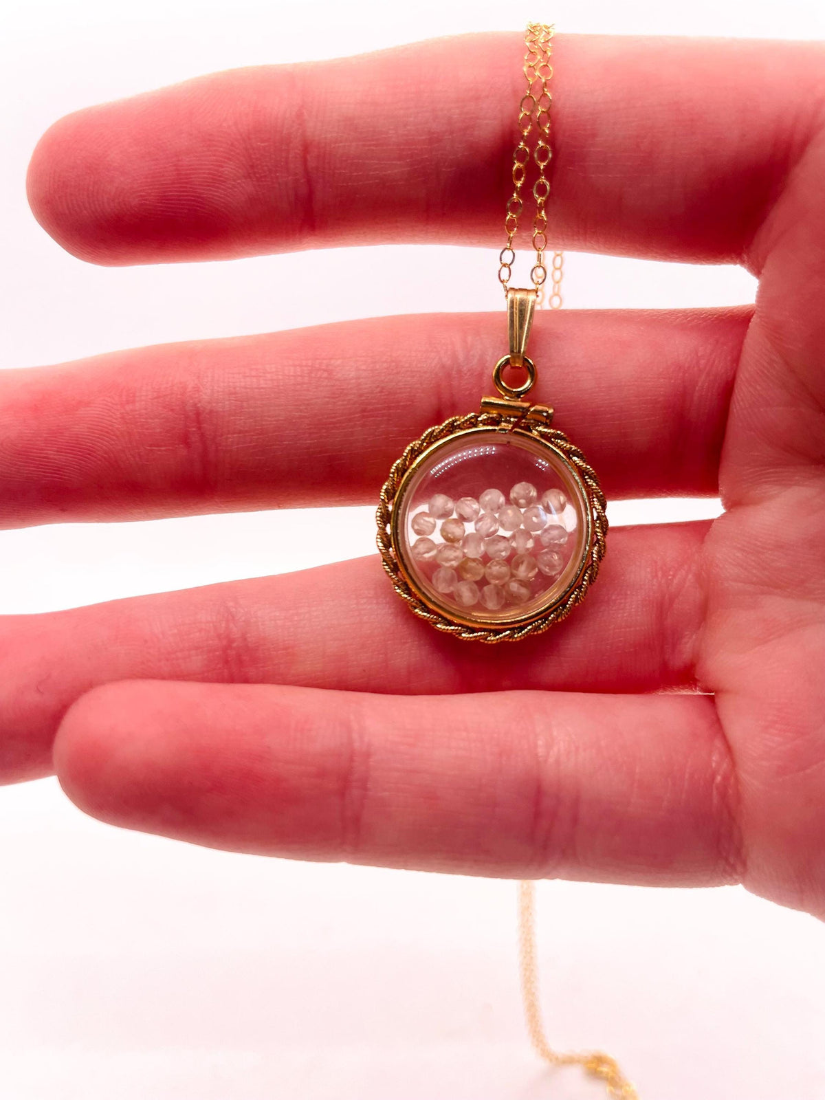 Hand made 21 mm nickel size 14k gold filled lucite genuine citrine shaker locket with rope edge and  beautiful bead crystals.