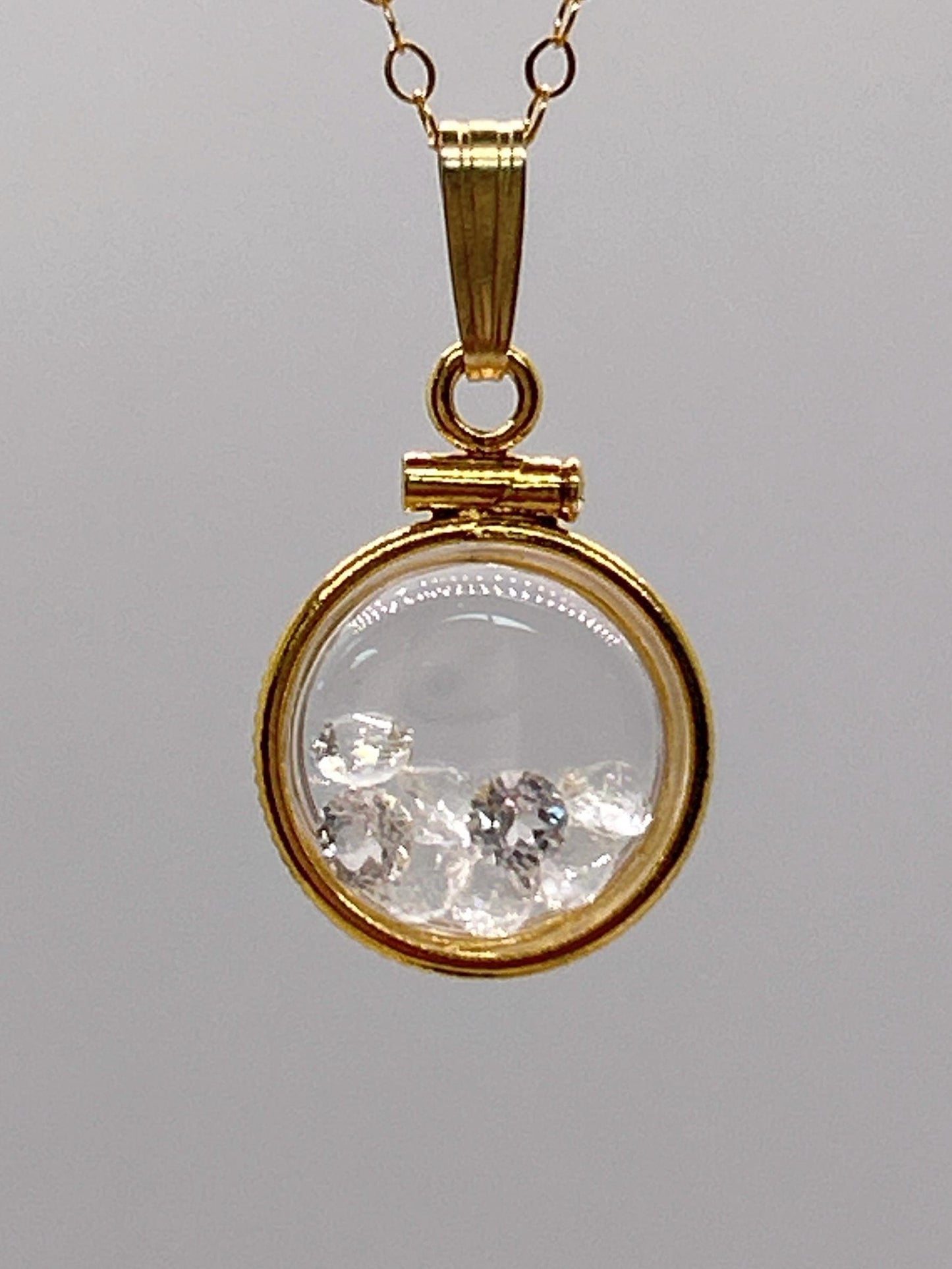 Handmade 12.5 mm 14k gold filled gemstone  shaker locket, 0.75 cttw. white topaz, birthstone april