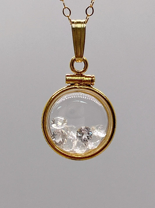 Handmade 12.5 mm 14k gold filled gemstone  shaker locket, 0.75 cttw. white topaz, birthstone april