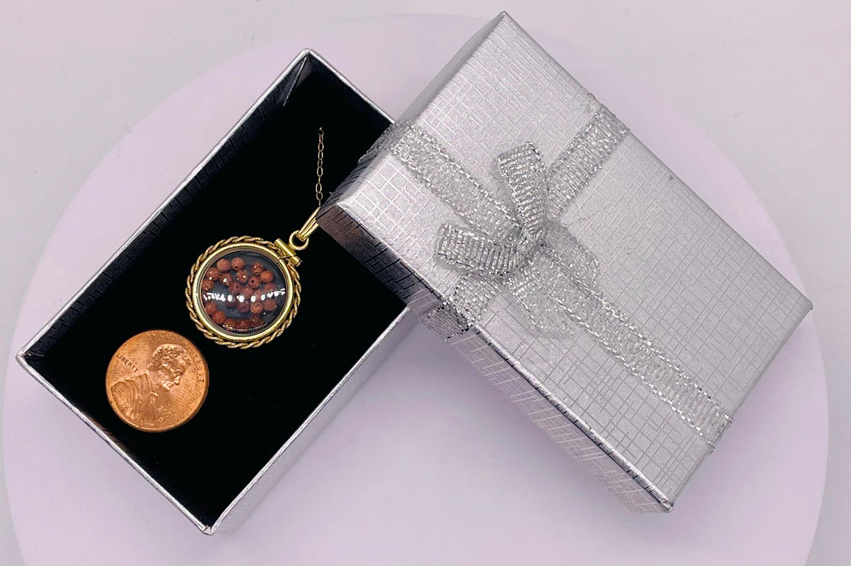 Hand made 21 mm nickel size 14k gold filled lucite genuine golden sandstone shaker locket with rope edge and beautiful bead crystals.