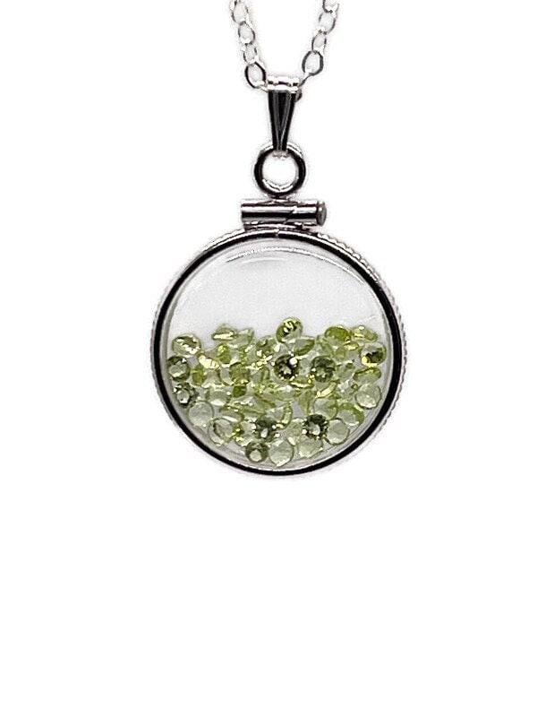 Handmade dime size sterling silver peridot shaker locket lucite view locket, necklace, beautiful may birthstone. 2.0 tcw