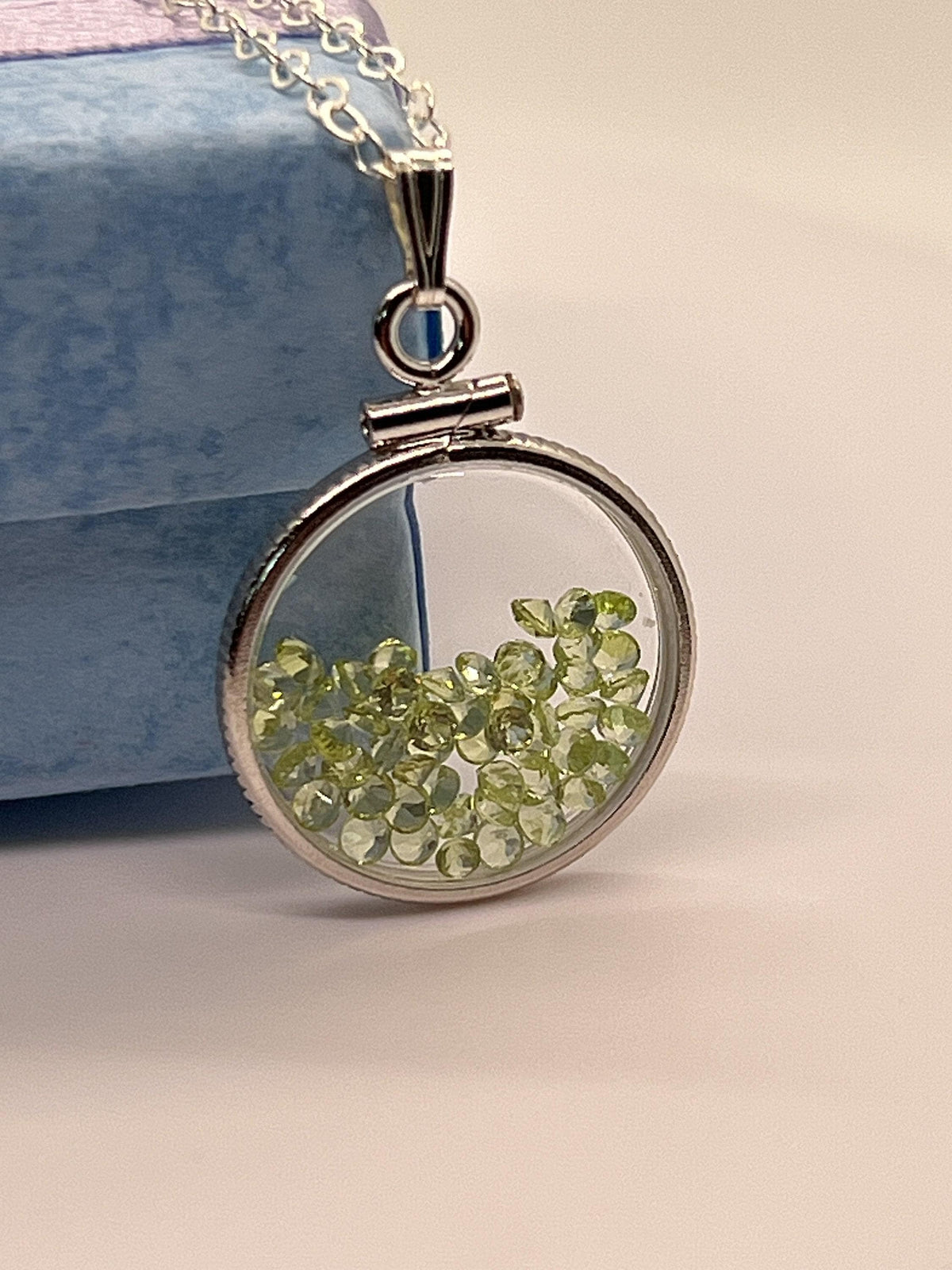 Handmade dime size sterling silver peridot shaker locket lucite view locket, necklace, beautiful may birthstone. 2.0 tcw
