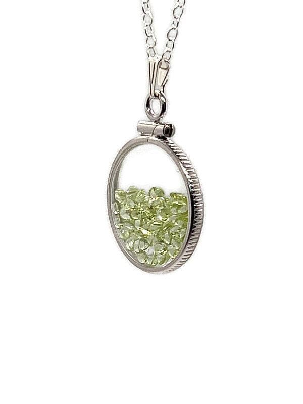 Handmade dime size sterling silver peridot shaker locket lucite view locket, necklace, beautiful may birthstone. 2.0 tcw