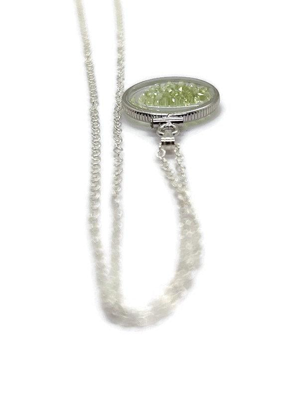 Handmade dime size sterling silver peridot shaker locket lucite view locket, necklace, beautiful may birthstone. 2.0 tcw