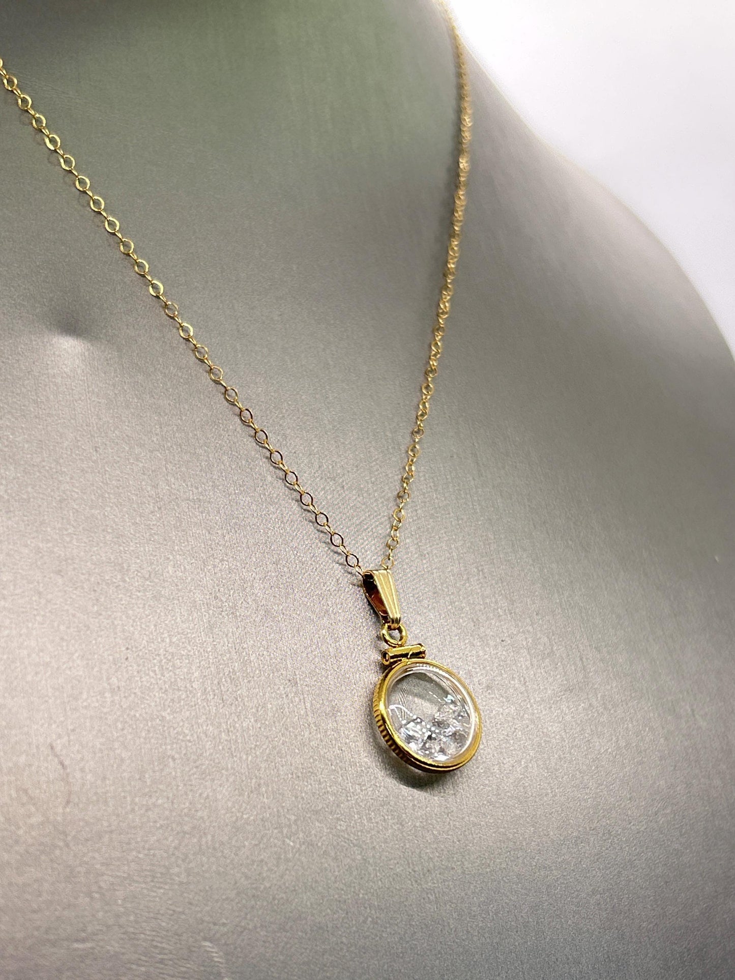Handmade 12.5 mm 14k gold filled gemstone  shaker locket, 0.75 cttw. white topaz, birthstone april