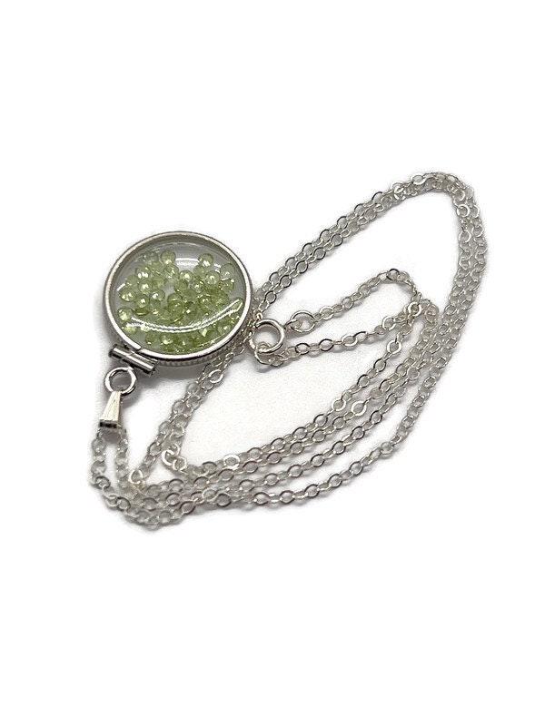 Handmade dime size sterling silver peridot shaker locket lucite view locket, necklace, beautiful may birthstone. 2.0 tcw