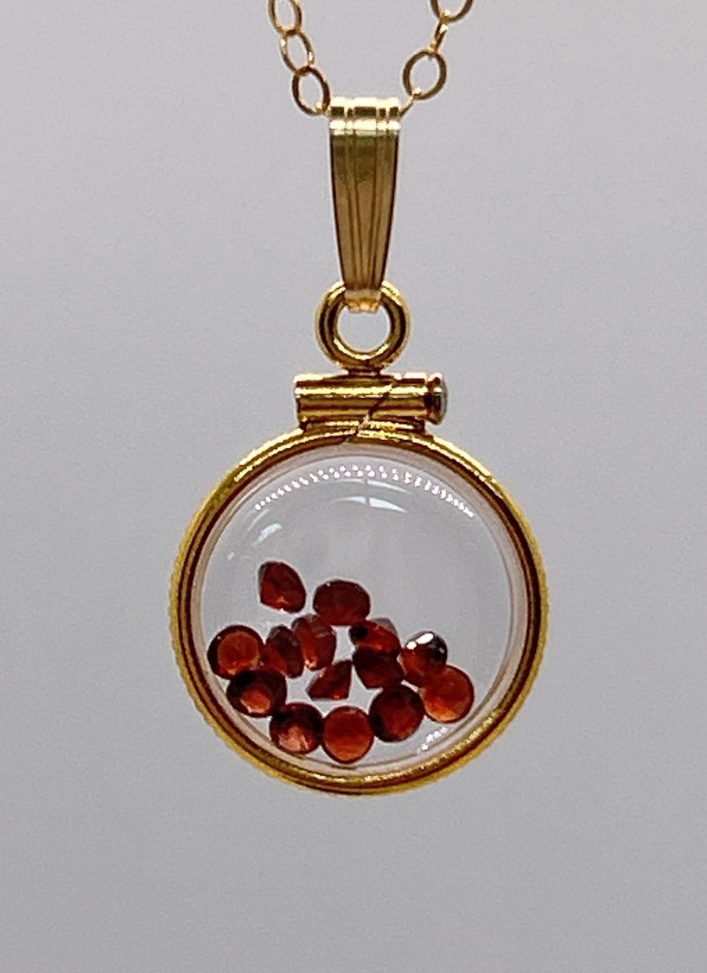 Handmade 12.5 mm 14k gold filled gemstone  shaker locket, 0.75 cttw. red garnet, birthstone january