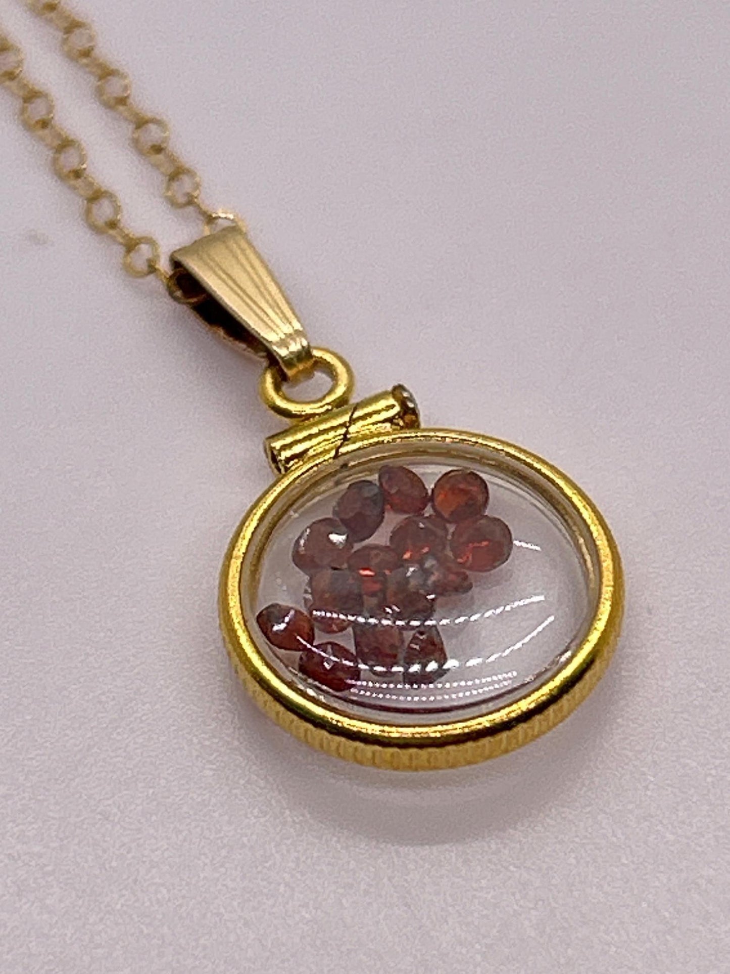 Handmade 12.5 mm 14k gold filled gemstone  shaker locket, 0.75 cttw. red garnet, birthstone january