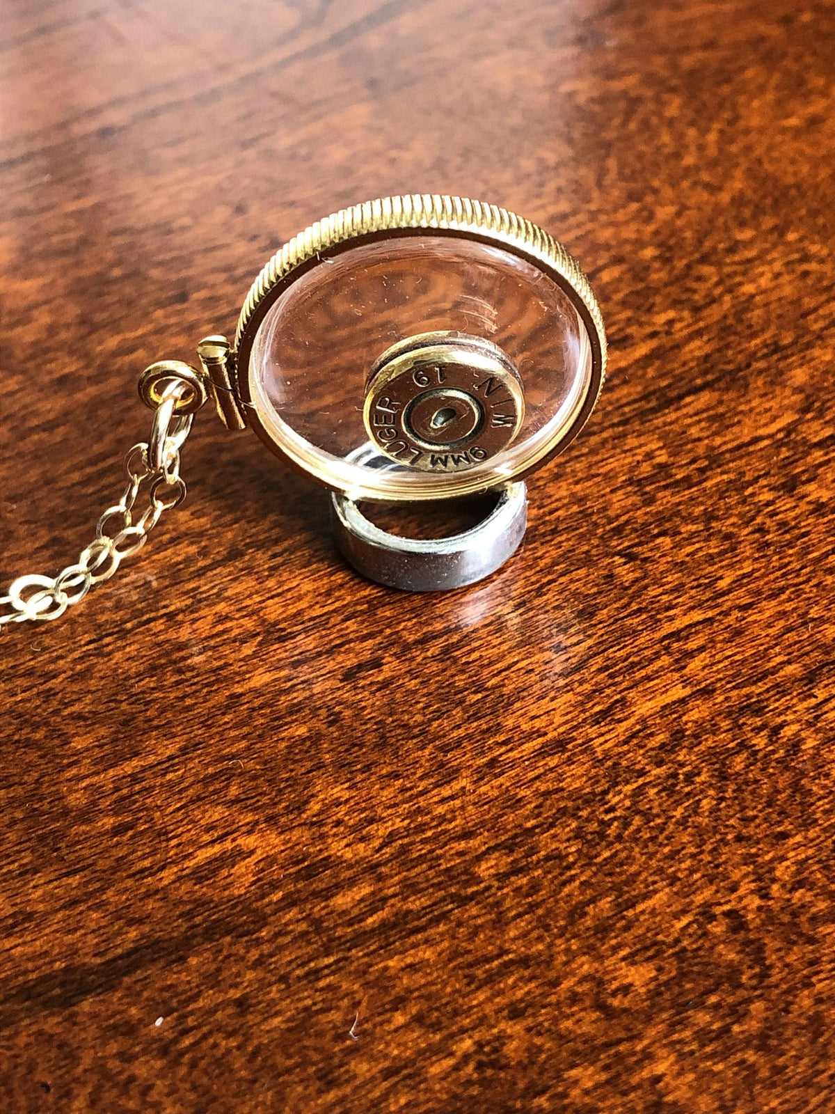 9mm bullet necklace,  back to back view locket, 14k gold filled locket-new