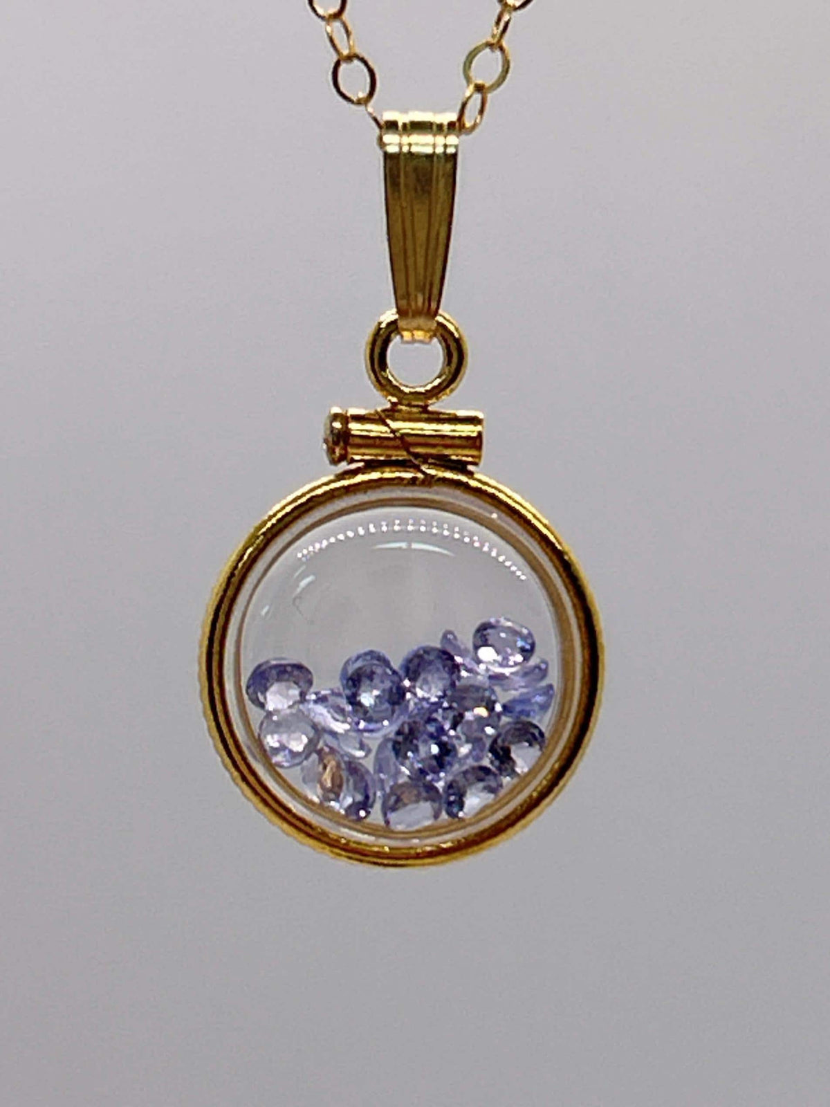Handmade 12.5 mm 14k gold filled gemstone  shaker locket, 0.75 cttw. tanzenite, birthstone december