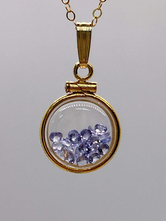 Handmade 12.5 mm 14k gold filled gemstone  shaker locket, 0.75 cttw. tanzenite, birthstone december