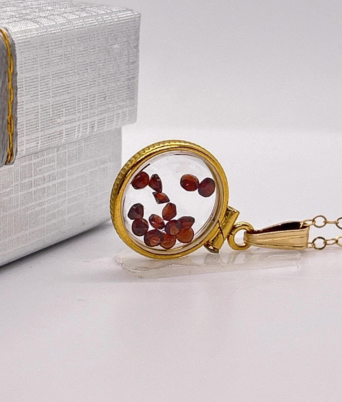 Handmade 12.5 mm 14k gold filled gemstone  shaker locket, 0.75 cttw. red garnet, birthstone january