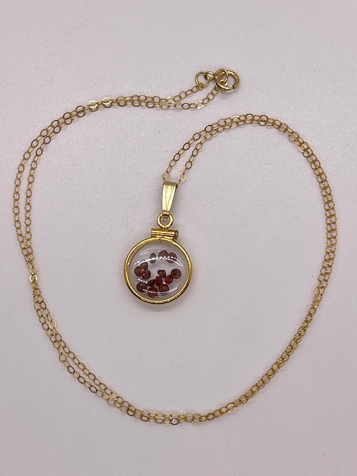 Handmade 12.5 mm 14k gold filled gemstone  shaker locket, 0.75 cttw. red garnet, birthstone january