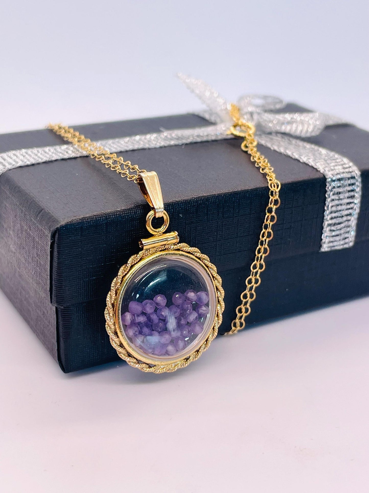 Hand made 21 mm nickel size 14k gold filled lucite genuine amethyst shaker locket with rope edge and beautiful bead crystals.