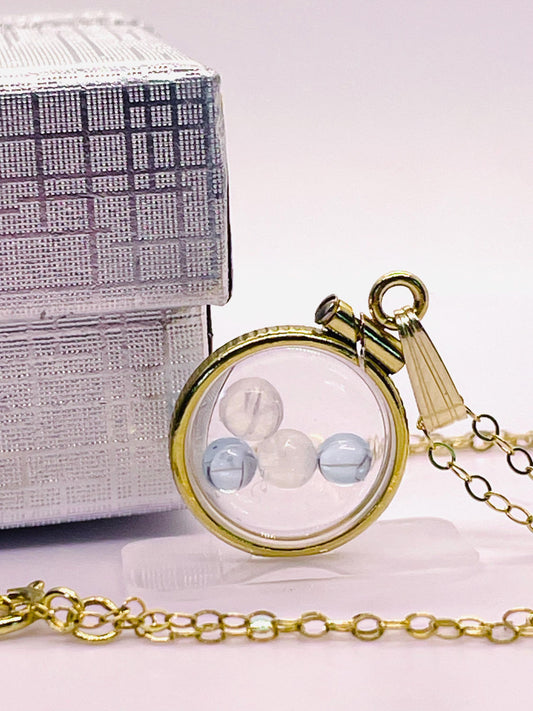 12.5 mm handmade 14k solid gold shaker locket with moonstone and blue topaz